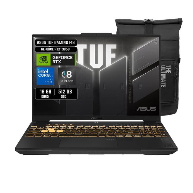 laptop asus tuf gaming fx607vj-rl024w nvidia geforce rtx 3050 intel c5 16gb 512gb vista frontal centrada de la ASUS TUF Gaming F16 color gris con pantalla FHD+ de 16 pulgadas 144Hz, teclado retroiluminado RGB con iluminación naranja, sellos en pantalla que indican Intel Core i5, GeForce RTX 3050, 16 GB DDR5 y 512 GB SSD; mochila negra incluida al fondo, diseño orientado a gaming y rendimiento.