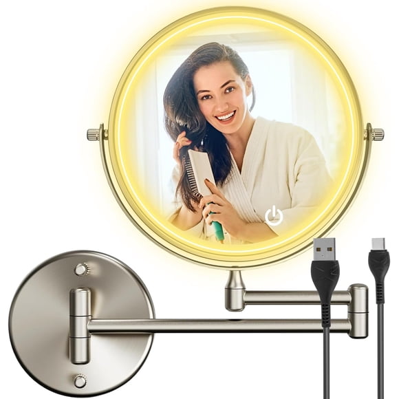 Miraura Espejo para Bano con Luz LED Espejo de Maquillaje con Aumento 1X 5X Antiempanante Giratorio 360 con Brazo Extensible y Luz Blanca Regulable Recargable
