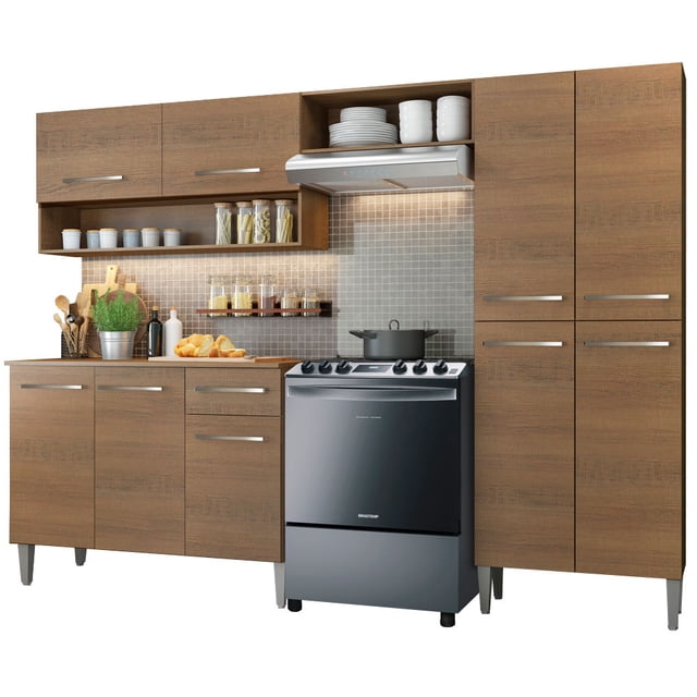 cocina integral madesa emilly sin tarja 229cm marrón madesa emilly vista frontal de cocina integral compacta de 229 cm en marrón con despensa alta de 65 cm a la derecha, alacena de 164 cm con dos puertas y dos nichos, y mueble bajo de 105 cm con tres puertas y un cajón; acabado en MDP con pintura poliéster de protección, tiradores metálicos, correderas y bisagras metálicas, y patas regulables de PVC; diseño estilo americano ideal para departamentos y cocinas pequeñas; también suele usarse como cocina proyectada para espacios de renta o estudios.