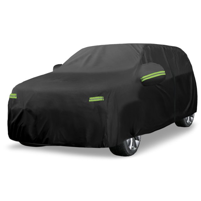 funda impermeable para coche unique bargains para dodge durango 2011-2023 color negro. Funda ajustada de tela negra con bandas reflectantes verdes en espejos y frontal, corte específico para la silueta SUV Durango, ventilaciones laterales y elástico en el borde para mejor ajuste; instalación fácil, paquete con 1 pieza. A menudo usada también para proteger el vehículo durante almacenaje temporal.