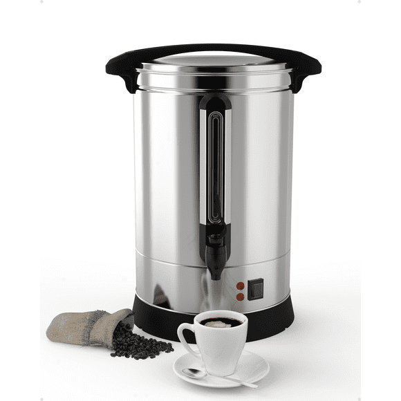 Cafetera percoladora comercial de 14 L con dispensador de café y agua caliente, control automático de temperatura, grifo integrado y cuerpo de acero inoxidable, ideal para eventos y negocios