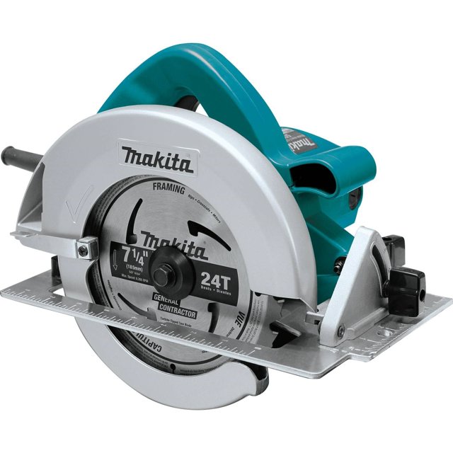 sierra circular Makita 5007F 7-1/4 15 A con LED 5800 RPM, vista frontal 3/4 de la sierra con carcasa plateada y mango turquesa, hoja 7-1/4" 24T visible, base de metal con escala de bisel, protector inferior y dos LEDs junto a la línea de corte; corte máximo ~60 mm (2-3/8" a 90°) y diseño equilibrado para uso en obra, también suele emplearse para cortes rápidos de tableros en obra.