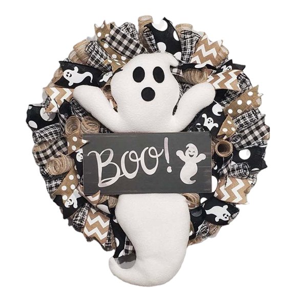 Corona de Halloween de 15,7 pulgadas con guirnaldas de cinta Boo, corona para ventana frontal para decoraciones de Halloween, regalos, manualidades