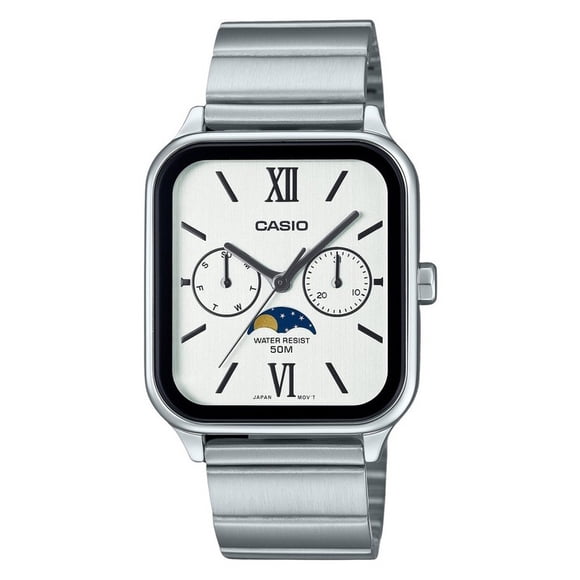 Casio Reloj Estándar Analógico con Fase Lunar, Acero Inoxidable, Esfera Blanca, Cuarzo, Modelo MTP-M305D-7A2V para Hombre.