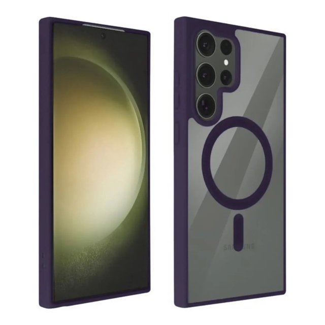 mr. gadgets funda carcasa clear case color morado para samsung galaxy s26 ultra compatible con magsafe, vista frontal y posterior; carcasa transparente con marco morado y aro magnético visible en el reverso para alineación MagSafe, recorte para módulo de cámaras y botones laterales, silicón exterior y TPU interior flexible; también suele usarse para transporte protegido en bolsillos y mochilas.