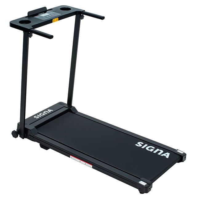 caminadora eléctrica portátil plegable pantalla lcd 2hp 12km vista 3/4 frontal de caminadora negra SELECTSHOP con banda de marcha negra y logos "SIGNA", manillares rectos, tablero con pantalla LCD azul de 3.5" y dos portavasos, ruedas delanteras para traslado y soporte para celular; adecuada también para caminatas suaves de recuperación.