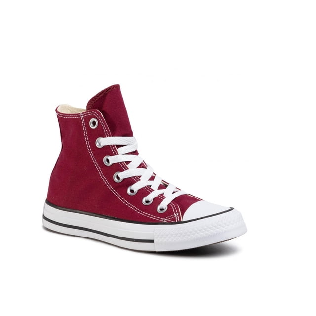 tenis converse chuck taylor all star unisex original m9613c converse m9613c Vino bota textil, vista 3/4 frontal; caña alta con sistema de cordones blancos y ojales metálicos, costuras visibles, puntera y suela de goma blanca con doble línea negra. Fondo blanco, estilo casual urbano, también frecuentemente usado para looks de moda informal.