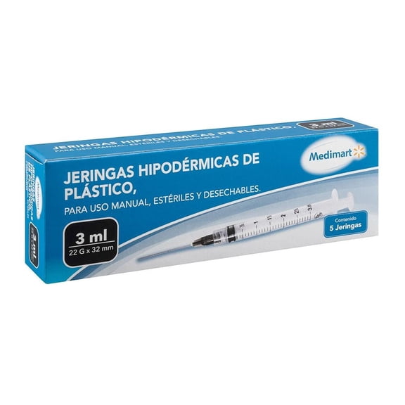 Jeringas Medimart estériles 22 g X 32 mm 5 pzas de 3 ml