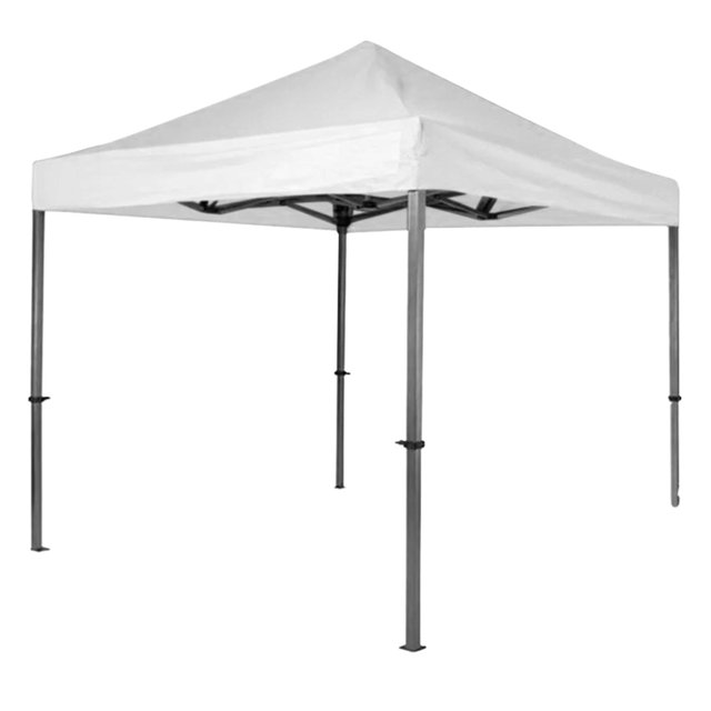 toldo impermeable plegable 2x2 m swiss outdoors, 12 kg blanco carpa plegable 2x2 m con toldo blanco y estructura de acero galvanizado en vista frontal 3/4; techo piramidal con apertura tipo acordeón, patas telescópicas ajustables a 3 alturas, velcro en esquinas y conectores de nylon visibles; lona de poliéster 420D con protección UV, fondo neutro; ideal para jardín, playa, fiestas y eventos, y a menudo usado como sombra portátil para puestos de venta temporales.