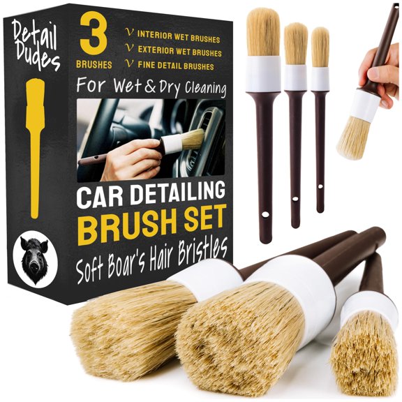 Set de brochas para detailing de auto Detail Dudes de 3 piezas con cerdas de pelo de jabalí