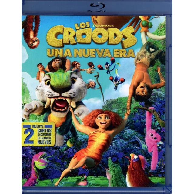 los croods 2 una nueva era pelicula blu-ray fox Estuche Blu-ray frontal con el título "Los Croods Una Nueva Era" en letras grandes, portada ilustrada con la familia Crood y varias criaturas prehistóricas en un paisaje tropical, tigre de dientes de sable en primer plano, personajes saltando en escena y un recuadro amarillo que indica "Incluye 2 cortos"; borde y caja de plástico azul.