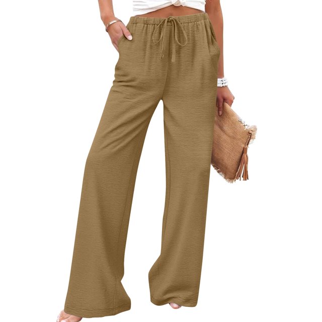 TaTaai Spring Summer Solid Color Women Casual Pants Cotton Linen Elastic Waist Straight Leg Breathable Lightweight Machine Washable No Fading Daily Wear Trousers Gift