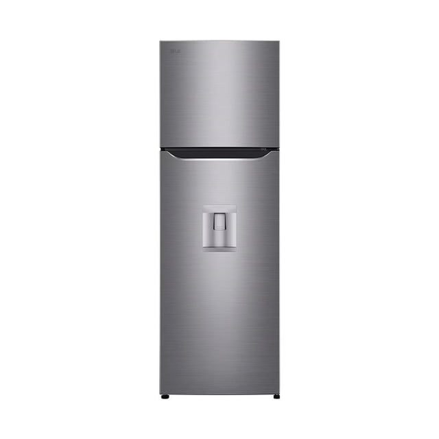 refrigerador lg con dispensador 9 pies gt32wp refrigerador de 9 pies cúbicos, vista frontal centrada en acero inoxidable; congelador superior y puerta principal con dispensador de agua empotrado; acabado cepillado metálico, tirador integrado en la unión de puertas y luz LED interior; diseño compacto ideal para espacios pequeños y conservación uniforme gracias a Multi Air Flow y DoorCooling+™; a menudo se usa para enfriar bebidas en visitas rápidas.