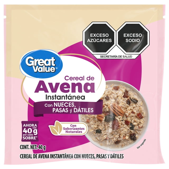 avena instantanea great value con nueces, pasas y dátiles 40g paquete frontal; bolsa rosa y crema con logo Great Value, texto "Cereal de Avena Instantánea" y banda morada "Con nueces, pasas y dátiles"; plato con avena visible con nueces pecanas, pasas y trozos de dátil; sellos "Con saborizantes naturales" y advertencias "Exceso azúcares", "Exceso sodio" arriba; preparación fría o caliente, apropiada como desayuno rápido.