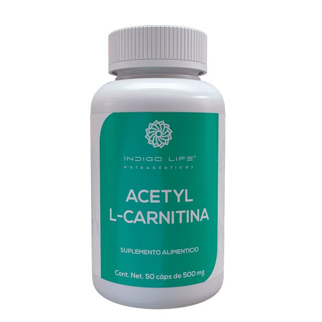 acetyl l-carnitina 50 capsulas veganas de 500 mg frasco frontal con etiqueta verde y texto blanco de Indigo Life Nutraceuticos que muestra "Acetyl L-Carnitina", la leyenda "Suplemento alimenticio" y el contenido neto 50 cáps de 500 mg. Su tamaño compacto lo hace apto para guardarse en botiquines o estuches personales.