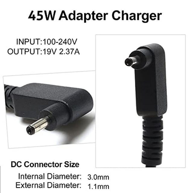 cargador para portátil onadrive acer aspire 5 a515-55 a515-56 a515-46 a515-54 a515-54g a515-55 a517-52 Negro, conector DC cilíndrico en ángulo recto y cable acanalado; adaptador 45W (INPUT 100-240V, OUTPUT 19V 2.37A) y dimensiones del conector: interno 3.0 mm, externo 1.1 mm.