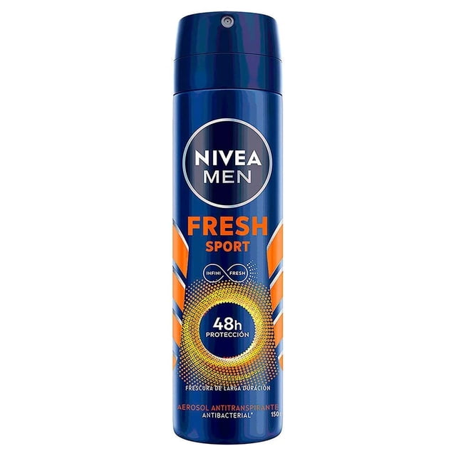 antitranspirante nivea men fresh sport antibacterial spray 150 ml envase en aerosol azul metálico, vista frontal con logo NIVEA MEN arriba, texto naranja "FRESH SPORT", anillo gráfico amarillo con "48h protección" y boquilla superior; fórmula antibacterial y fragancia fresca masculina, aerosol 150 ml.