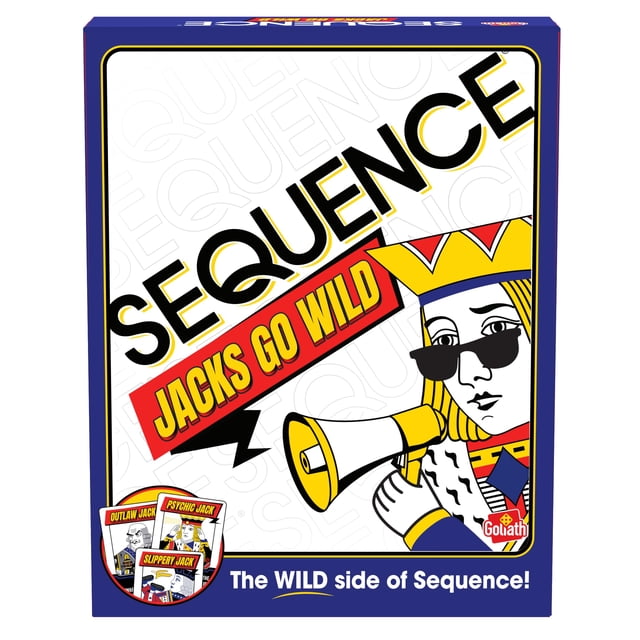juego de mesa goliath sequence jacks go wild de estrategia Nuevo — Caja frontal en vista 3/4 con título SEQUENCE y banda roja "JACKS GO WILD", ilustración tipo cómic con megáfono y personaje, vista de cartas Wild Jacks y fichas; para 2–12 jugadores, modos Sequence o Sequence Jacks Go Wild, incluye tablero, mazos y fichas, recomendado desde 7 años; también adecuado para dinámicas grupales en reuniones.