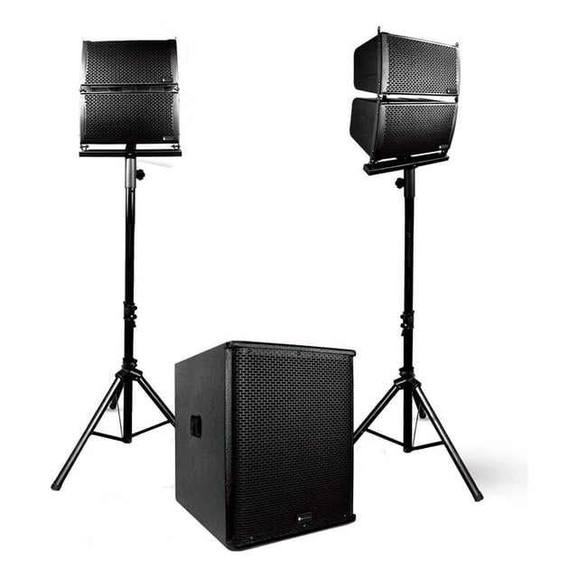subwoofer alien pro x-array18 alienpro 18' Sistema line-array con dos módulos de bocina negros montados en trípodes y un subwoofer cúbico en primer plano; rejillas perforadas, carcasa texturizada y asas laterales, dispersión uniforme y cobertura amplia adecuada para presentaciones y eventos.