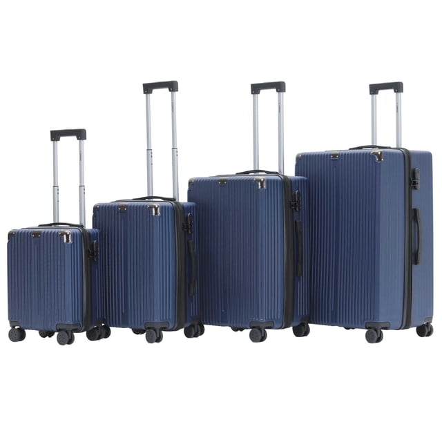set juego de 4 maletas abs miami 26" 20" 24" y 28" azul 4 ruedas 360°, reforzadas, livianas y duraderas Frontal de cuatro maletas azules ABS acanaladas, ordenadas de 16" a 28" con mangos telescópicos extendidos, asas superior y lateral, cerraduras de combinación visibles y ruedas dobles giratorias 360°; interior con forro poliéster 210D, correas cruzadas y diseño ampliable hasta 20% para más capacidad; también suelen usarse como juego organizado para viajes familiares.
