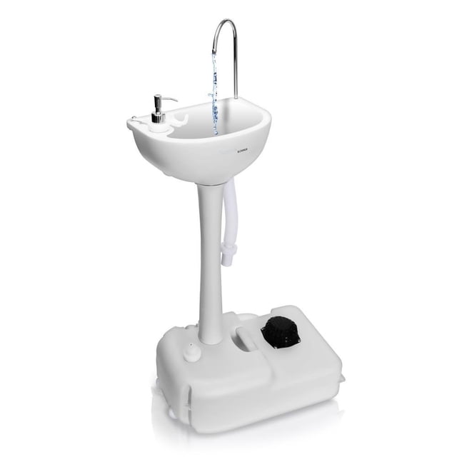 lavamanos portátil inovatec extraíble al aire libre capacidad 17 litros blanco, vista 3/4 frontal: lavabo ovalado con grifo alto cromado y dispensador de jabón integrado, columna que conecta a depósito rectangular bajo con ruedas y manguera de desagüe flexible visible; incluye soporte para toalla/papel y tapa de llenado. 17 L de agua y 3 L de jabón; a menudo usado como estación móvil de lavado en eventos o comercios.