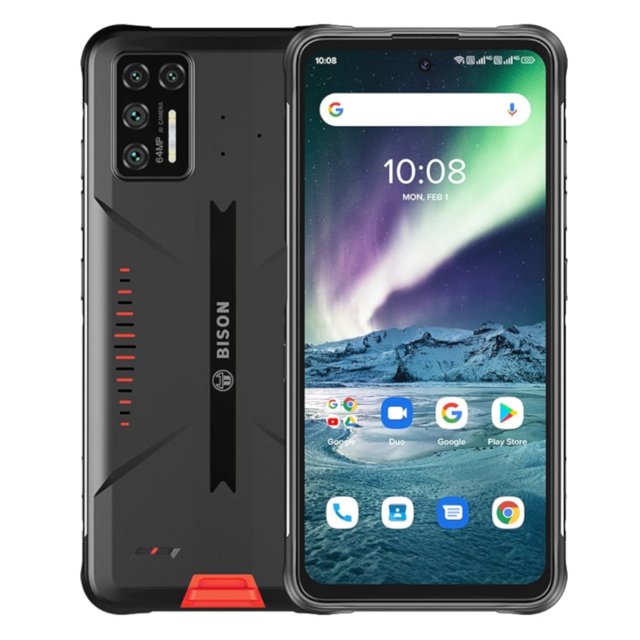 smartphone umidigi bison gt 128gb 8gb ram global desbloqueado lava orange vista frontal y trasera; pantalla FullView FHD+ de 6.67" con cámara frontal perforada, reverso con logo BISON y módulo de cámara rectangular de cuatro lentes, bordes reforzados y acento naranja Lava en la base; visible textura antideslizante; a menudo usado para fotografía en viajes por su batería de 5150 mAh y procesador Helio G95.