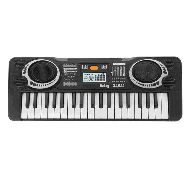 37 teclas mini piano belug electrónico juguete musical para niños negro, vista frontal centrada de teclado compacto con 37 teclas blancas y negras, carcasa plástica negra con dos altavoces circulares, pantalla LCD, botones de control y bordes redondeados; para aprendizaje musical y estimulación motriz en niños mayores de 3 años, también adecuado para prácticas musicales portátiles.