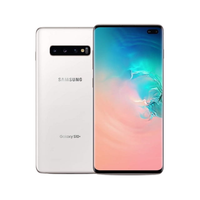 celular samsung galaxy s10+ 128gb Reacondicionado, vista frontal y trasera en blanco; pantalla curvada edge con doble cámara frontal en recorte superior derecho, respaldo con módulo triple horizontal y logotipo Samsung, smartphone desbloqueado adecuado para uso diario y como equipo secundario para viajes.