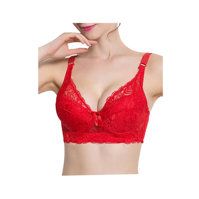 sostenes chic para mujeres copas completas transpirables confort encaje floral cobertura completa sin almohadillas con aros talla 40/90 ajuste 38b/c rojo Vista frontal centrada de sostén rojo INSPIRE CHIC en encaje floral, copa completa sin almohadillas, aros visibles, tirantes anchos ajustables y banda inferior de encaje; cierre trasero de gancho y ojo indicado en la ficha. Modelo torso hasta la cintura sobre fondo blanco; suele usarse como sujetador diario para dar forma natural bajo la ropa.