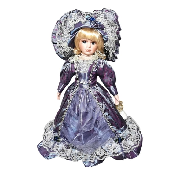 Figura de colección de muñeca de porcelana de 16,14 pulgadas. Adorable adorno de estilo antiguo. violeta