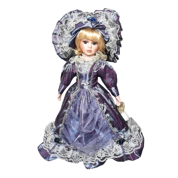 Figura de colección de muñeca de porcelana de 16,14 pulgadas. Adorable adorno de estilo antiguo. violeta