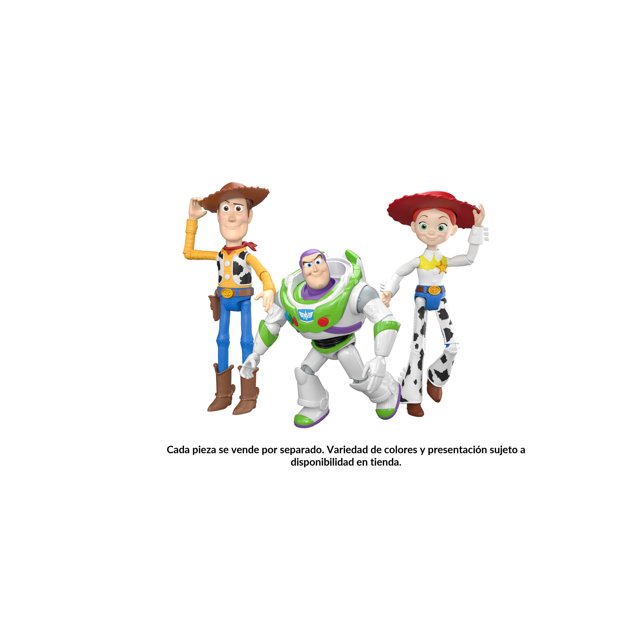 figuras de acción mattel pixar de 12 pulgadas básicas varios modelos 1 pieza — Vista frontal de tres figuras Pixar en escala de 12 pulgadas: vaquero con sombrero y botas, robot espacial blanco y verde con articulaciones visibles, y vaquera con sombrero rojo y pantalón blanco con manchas; fondo blanco, vendidas por separado, color multicolor.