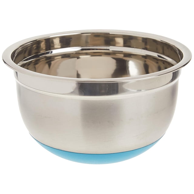 bowl de mezcla excelsteel acero inoxidable base antideslizante 3 cuartos: bowl de acero inoxidable de 3 cuartos con borde ancho para mejor agarre, exterior pulido en dos tonos y base de silicona antideslizante azul; vista frontal centrada que muestra la silueta cóncava e interior pulido, apto para cocina y repostería y frecuentemente usado para mezclar masas y batir ingredientes.
