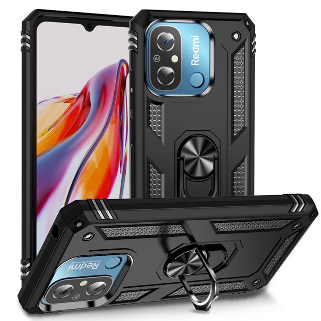 funda de teléfono para xiaomi redmi 12c de uso rudo shockproof + cristal 9d negra Cuarey, 3/4 frontal y posterior mostrando funda rígida con esquinas reforzadas, acabado texturizado suave al tacto, marco elevado para cámara, anilla giratoria integrada como soporte manos libres y cortes precisos para botones y puertos.