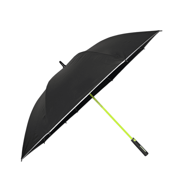 sombrilla paraguas de golf automático resistente al viento negro grande. Vista 3/4 abierta con cubierta negra, 8 varillas reforzadas, palo tubular verde lima y mango con botón de apertura; diámetro abierto 122 cm y funda con correa para colgar. También suele usarse para protección solar en eventos al aire libre.