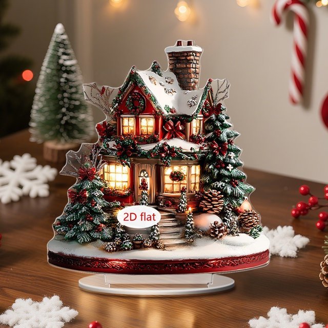 CaiYueKe Christmas House 2D Flat Ornament Set Shatterproof Hanging Decor Holiday Display Accent Festive Home Decoration Christmas Tree Ornament Gift Set for Family Friends Seasonal Party Supplies