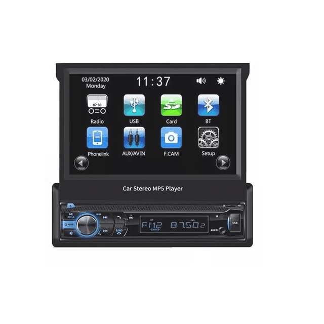 autoestéreo con pantalla retráctil hd estéreo Labg negro, vista frontal centrada con pantalla desplegada que muestra íconos (Radio, USB, Card, BT, PhoneLink, AUX/AV IN, F.CAM, Setup), unidad inferior con perilla azul, pantalla LED de FM y soporte para tarjeta TF y USB. Se usa también con cámaras de reversa y salida RCA para subwoofer, compatible Android/iOS.
