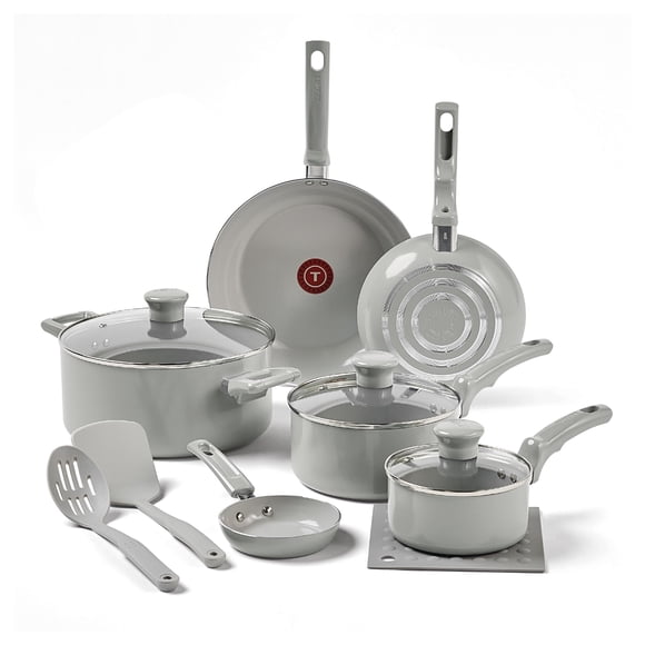 T-Fal Juego de sartenes y ollas antiadherentes Refresh de cerámica, 12 piezas, fabricado sin PFOA y PTFE, apto para horno, C486SC64