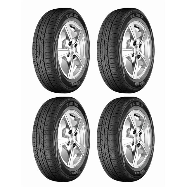 paquete de 4 llantas 175/70 r13 82t tornel turbo 82t paquete de cuatro llantas 175/70 R13 82T, vista 3/4 frontal que muestra dibujo de banda con cuatro ranuras longitudinales simétricas y ranuras laterales integrales, costado con la marca "TURBO" visible sobre fondo blanco; diseño que mejora agarre en mojado y manejo silencioso, suele utilizarse como reemplazo en autos compactos.
