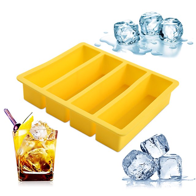 bandejas de silicona para cubitos de hielo, molde rectangular para hielo para cocina con fácil liberación, 130 g bandeja de silicona amarilla en vista 3/4 frontal con cuatro cavidades largas; dimensiones 17.2 x 14.5 x 3.5 cm y peso 130 g, material silicona apta para alimentos, adecuada para crear cubitos largos para cerveza, bebidas o café; a menudo usada también para congelar gelatina o pequeños chocolates.