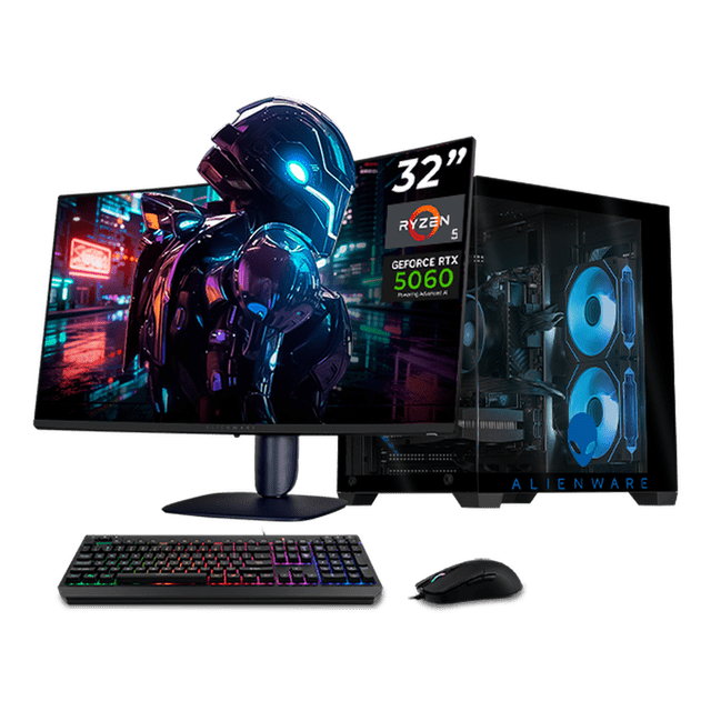 pc gamer completa xtreme pc gaming alienware nvidia geforce rtx 5060 amd ryzen 5 5500 16gb ssd 1tb monitor 32 180hz wifi gaming 1080p, estudios y multitarea Conjunto frontal: torre negra con panel lateral transparente y ventiladores ARGB azules, monitor curvo 32" a 180Hz mostrado con etiquetas Ryzen 5 y GeForce RTX 5060, teclado y mouse RGB delante; listo para gaming en 1080p y adecuado también para estudios y multitarea.