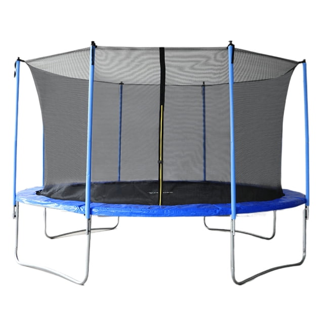 sparta trampolin-brincolin 12ft pies Trampolín Sparta 12ft (366 cm) vista frontal con red de seguridad negra y entrada con cierre, postes acolchados azules, faldón protector azul y patas en U de acero; altura aprox. 260 cm, ideal para recreación y actividad física familiar y a menudo usado para prácticas de coordinación y juegos en grupo.
