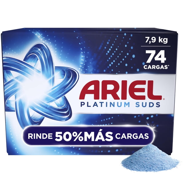 ariel detergente en polvo platinum suds, 74 cargas 7,9kg caja frontal azul con logo ARIEL rojo y texto Platinum Suds; muestra 74 cargas y 7,9 kg en la esquina superior, gráfico espiral luminoso a la izquierda y montículo de polvo azul claro en la base; polvo con mejor disolución, bio-espuma y 0% fosfatos, para ropa blanca y de color; también suele usarse para pretratamiento de manchas en prendas resistentes.
