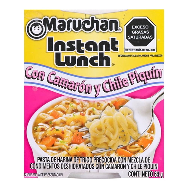 sopa instantánea maruchan instant lunch con camarón y chile piquín 64 g caja frontal, vista centrada del empaque amarillo y rosa con logo Maruchan y texto "Con Camarón y Chile Piquín", ilustración de tazón con fideos precocidos, trozos de camarón y vegetales, sello de advertencia y peso neto 64 g; ideal para comidas rápidas o para llevar en viajes cortos.