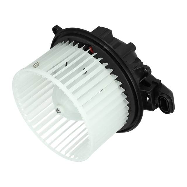 motor de soplador de calefacción HVAC Unique Bargains No.CL1Z19805A, carcasa negra de plástico con jaula de paletas cilíndrica blanca y conector eléctrico lateral, puntos de montaje visibles; compatible con ventilación de Ford F-150 2009-2014 y Ford Expedition 2009-2017, a menudo usado como reemplazo del motor de ventilador del habitáculo.