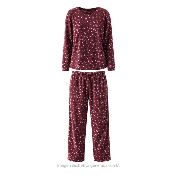 Pijama Simply Basic para Dama Playera Manga Larga con Pantalón Vino Talla G 2 Piezas