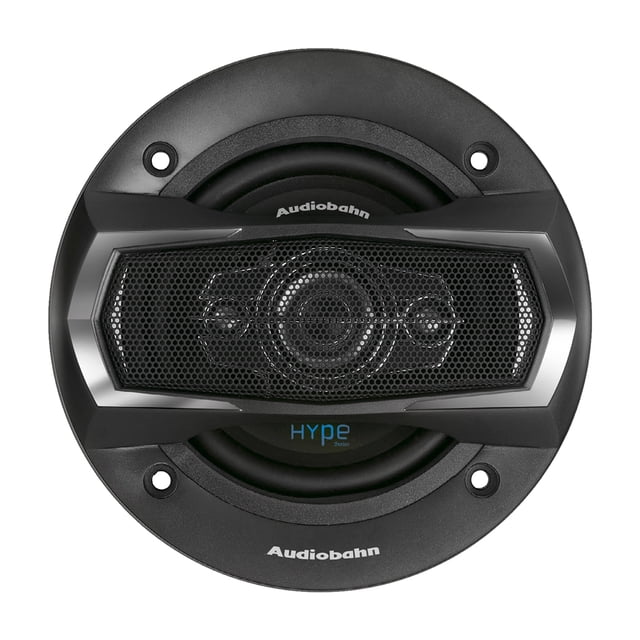 juego de bocinas audiobahn hype series 4 vías 400w para auto as440 vista frontal centrada de bocina coaxial negra de 4" con rejilla protectora hexagonal, logo Audiobahn en el aro y emblema HYPE, tweeter y midrange visibles en diseño compacto, adecuada para mejorar el sistema de audio del vehículo.
