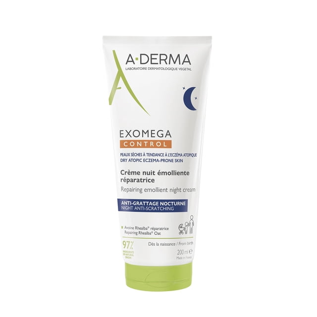 aderma exomega control crema emoliente anti-comezón nocturna para pieles secas con tendencia atópica, tubo frontal blanco 200 ml con logo A-DERMA, franja naranja 'CONTROL', icono de luna y base verde; textura untuosa para aplicación nocturna en rostro y cuerpo, adecuada para piel sensible y a menudo usada también para masajes suaves en codos y rodillas.
