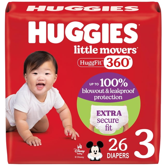 pañales huggies little movers huggfit 360° talla 3 (7-13 kg) 26 paquete frontal rojo con logotipo HUGGIES y marca Little Movers, bebé gateando a la izquierda, sello HuggFit 360° y gráfico que indica protección hasta 100% contra fugas, ilustración de pañal con pretina de 360°, texto 'extra secure fit', número 26 y talla 3 visibles; el embalaje puede variar.