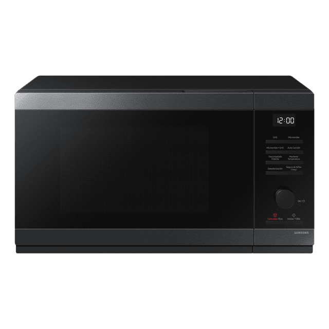 horno de microondas samsung con grill 1.1 pies 32 l grill fry negro, vista frontal; microondas negro con puerta de vidrio y panel digital a la derecha con pantalla LED y perilla, función Grill Fry para dorar y gratinar alimentos según especificación, también adecuado para recalentar y cocinar porciones pequeñas.